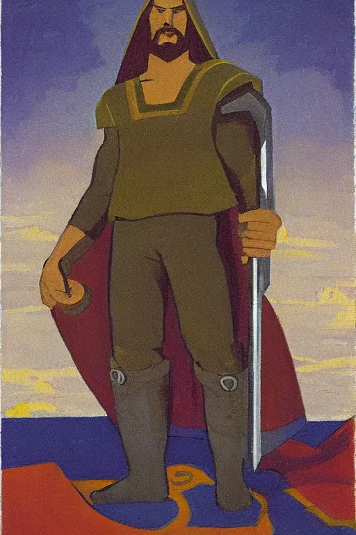 Image similar to thor with hammer, marvel, artwork by nicholas roerich,