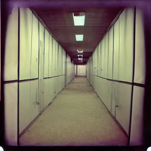 Prompt: inside a hallway made of empty medical tents, eerie, surreal, creepy, old polaroid, expired film,