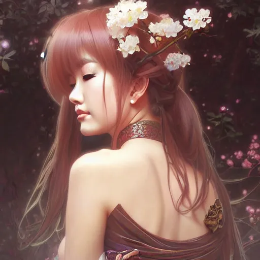 Image similar to Portrait of japanese gyaru, D&D, dark fantasy, sakura blooming on background, intricate, elegant, highly detailed, digital painting, artstation, concept art, smooth, sharp focus, illustration, art by artgerm and greg rutkowski and alphonse mucha