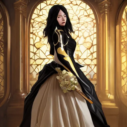 Prompt: cassandra cain in a black and gold wedding dress at her wedding ceremony, decorated ornate chapel, cg animation, riot entertainment, arcane, realistic, character select portrait, by artgerm, greg rutkowski, alphonse mucha, 3 d