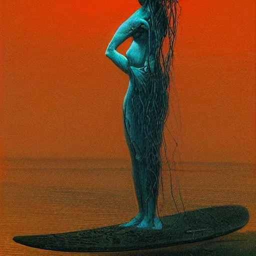 Image similar to unnerving, ornate by zdzislaw beksinski, by chris uminga naturalism. the kinetic sculpture of a young girl in a traditional hula outfit. she is standing on a surfboard in front of a beautiful ocean landscape.