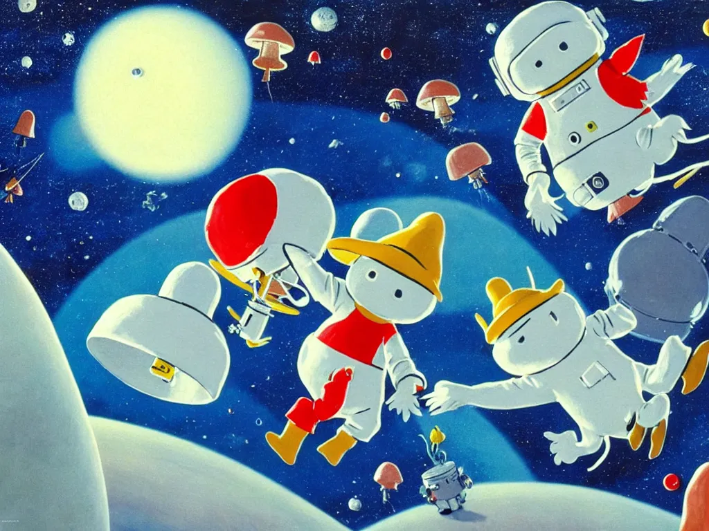 Image similar to moomins in space suits flying around with jetpacks discovering the mushroom planet, photorealistic painting, cgi, low light, movie still