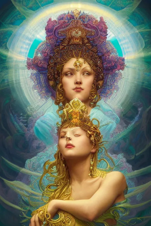 Prompt: portrait of a beautiful goddess by artgerm, mandala, rococo, vivid color, complementary color, golden ratio, detailed, sharp lines, sharp focus, intricate, rainbowshift, by maxfield parrish, by peter mohrbacher, by gustave dore, by alphonse mucha, deviantart, octane render