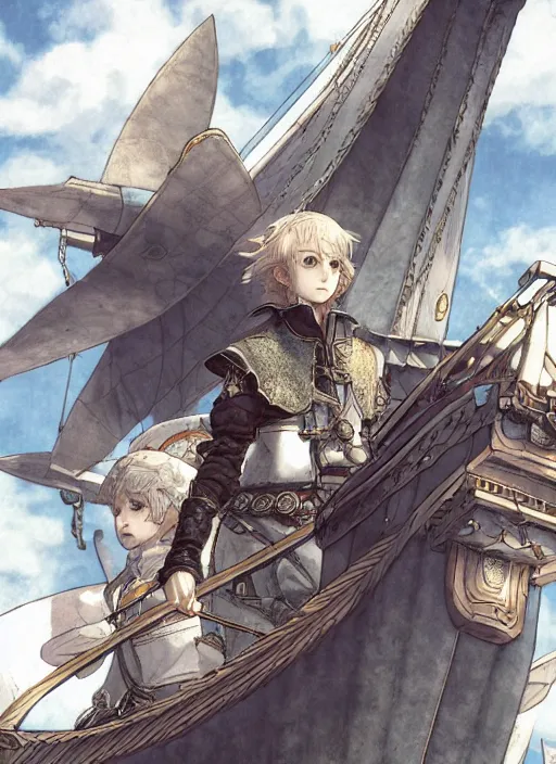 Image similar to character portrait of the white herald on an imperial airship, hidari, color page, tankoban, 4K, tone mapping, Akihiko Yoshida.