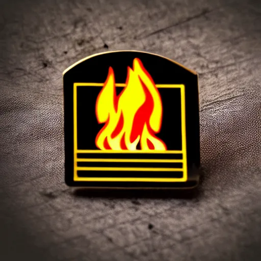 Prompt: a photo of a retro 1 9 7 0 s minimalistic clean fire flames warning label enamel pin, cinematic lighting, behance