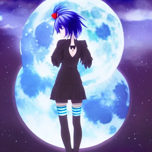 Image similar to a girl with blue hair is standing in front of a full moon, a screenshot by Jin Homura, featured on pixiv, gothic art, gothic, anime, official art