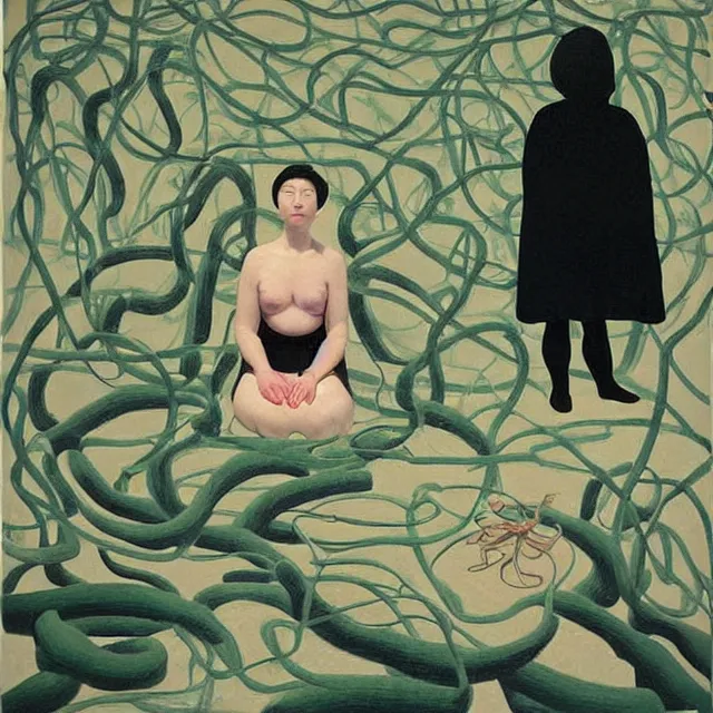 Image similar to a female pathology student in her apartment, wrapped in vines, medical equipment, zen, stepping stones, octopus, pig, black walls, ikebana, black armchair, sculpture, acrylic on canvas, surrealist, by magritte and monet