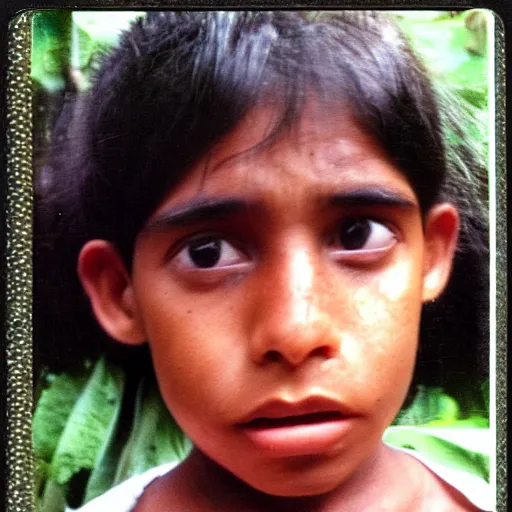 Prompt: a professional polaroid full body photo of a sri lankan jungle girl, black hair, light freckled skin and a look of panic on his face. extremely high fidelity. key light.