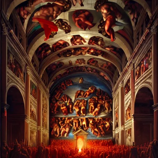 Prompt: the sistine chapel's ceiling is broken is half as a red magical portal from hell opens up, lucifer morningstar emerges along with a few demons, the priests and the pope look at the scene with terror in their eyes. highly detailed painting by gaston bussiere, greg rutkowski, craig mullins 8 k