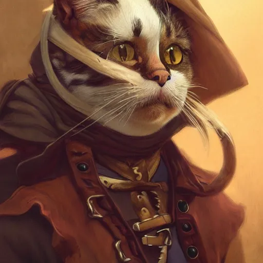 Image similar to Portrait of a Cat as a Pirate, photo, highly detailed oil painting, photorealistic, highly detailed, digital painting, artstation, concept art, smooth, sharp focus, illustration, art by artgerm and greg rutkowski and alphonse mucha