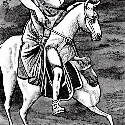Prompt: gandhi, riding horse, comic style, by arthur adams, black and white