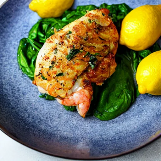 Image similar to a photograph of shrimp and spinach stuffed chicken with lemons