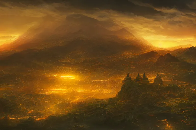 Image similar to cinematic lighting fantasy painting, aerial view of an ancient land, sunset and ominous shadows over the kingdom, valleys and farmland and villages, brutalist shiro himeji rivendell palace eden by jessica rossier
