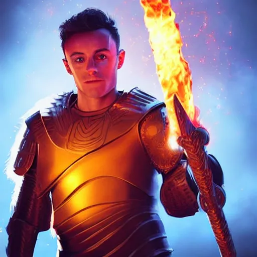 Prompt: Tom Daley wearing plate armour holding a glowing fire magical staff. Trending on Artstation octane render ultra detailed art by Ross tran