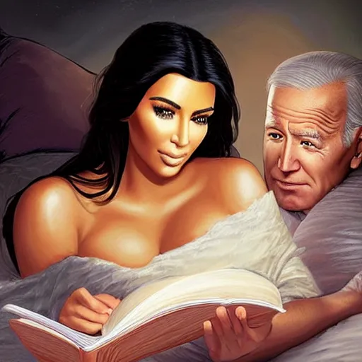 Image similar to portrait of kim kardashian reading a bedtime story to joe biden in bed, an oil painting by ross tran and thomas kincade
