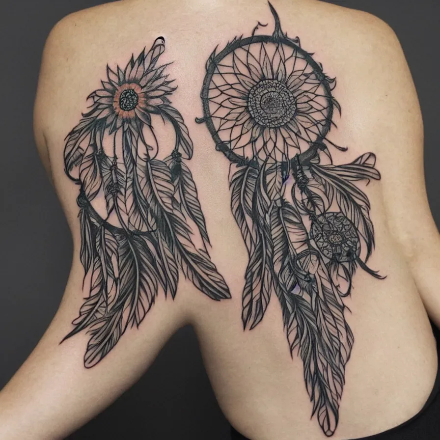 Image similar to Sunflower dreamcatcher tattoo prototype with strong tribal influences.