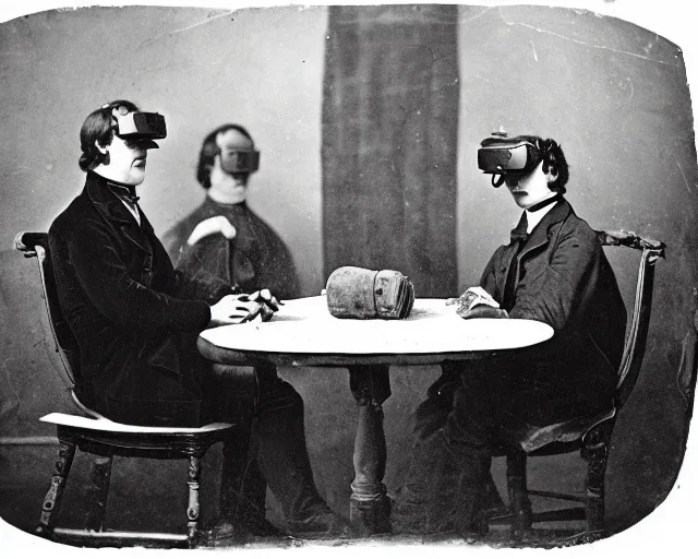 Image similar to an early 1800s photo of someone with a virtual reality headset, a tablefull of Big Macs behind them