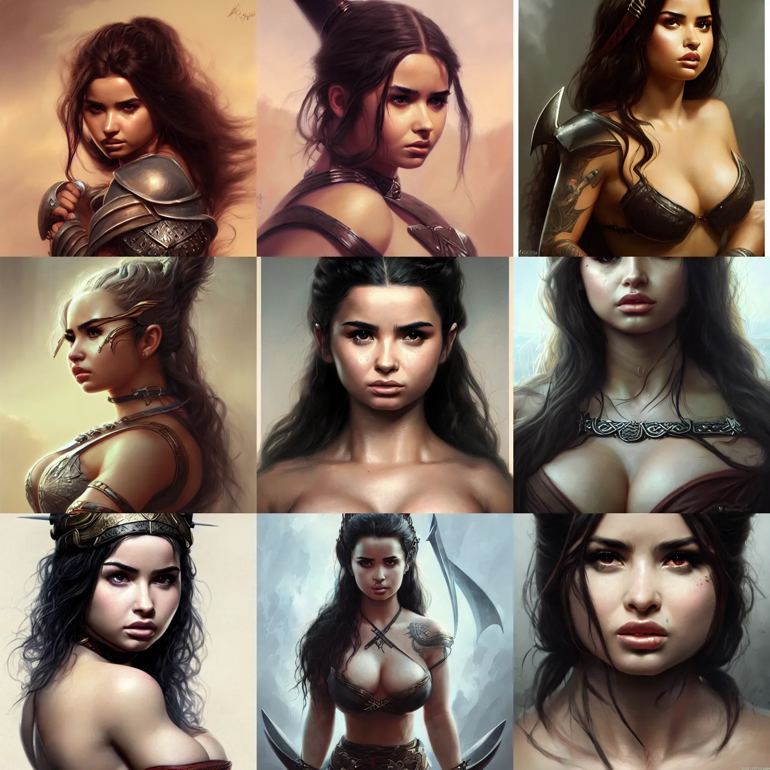 Prompt: demi rose, legendary warrior, fighter, lord of the rings, tattoos, decorative ornaments, full platemail, perfect face, detailed, sharply focused, face centered, rule of thirds, photorealistic shading, digital painting, brom, greg rutkowski