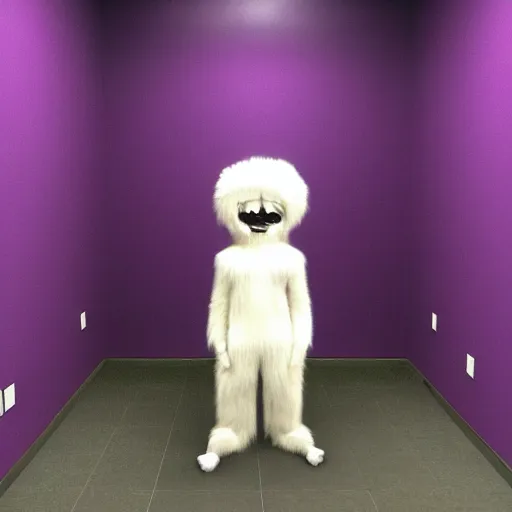 Image similar to a photo of a white fur monster standing in a purple room