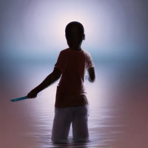 Image similar to a retro realistic illustration of a ghost!!! shining in a lake while a black kid! stares at it with a florest! in the background, realistic, volumetric light, detailed oilpainting by Pauline Baynes, trending on artstation.