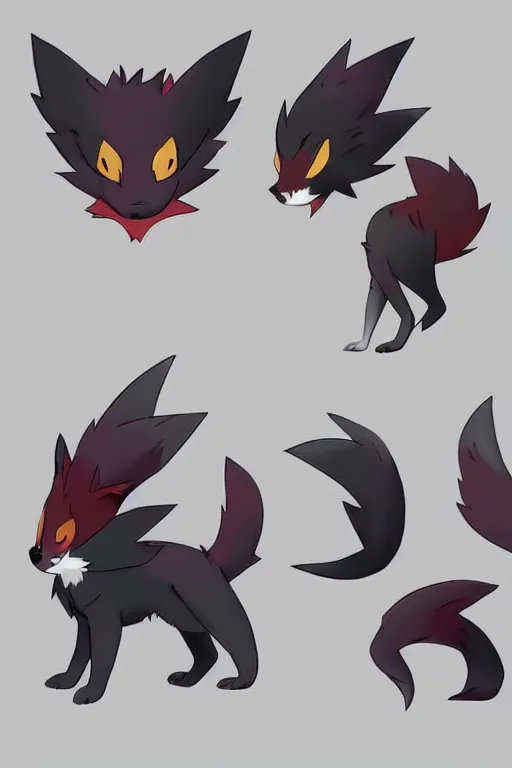 Image similar to zorua pokemon, stylised fox - like appearance, black and auburn colour pallet, thick furry neck and chest fluff, stylised 🖌 - like hair, pokemon concept art with multiple angles, super detailed, clean lines, digital art