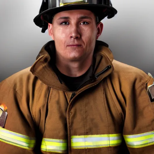 Image similar to tearful firefighter, ultra realistic, smokey