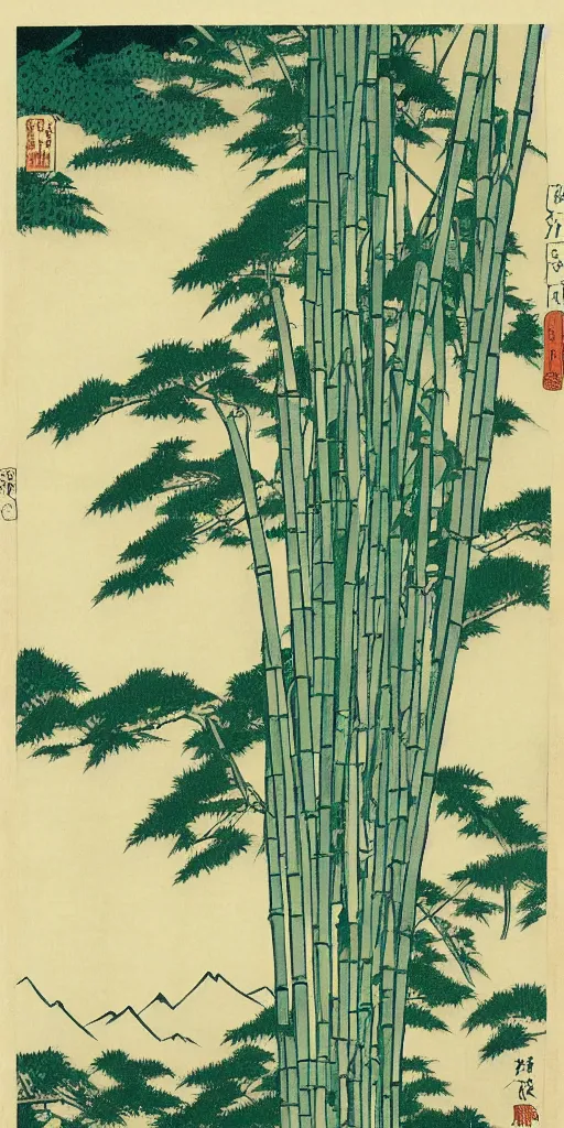 Image similar to a minimalist picture of a beautiful and magical bamboo forest landscape, by hokusai