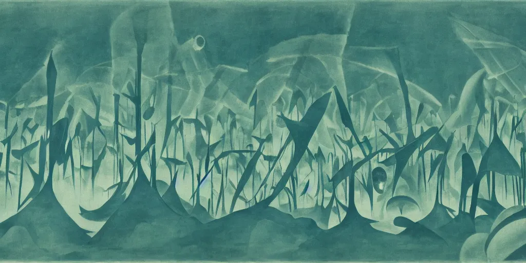 Prompt: The artwork by Aaron Douglas of the cinematic view of a forest of giant diatoms