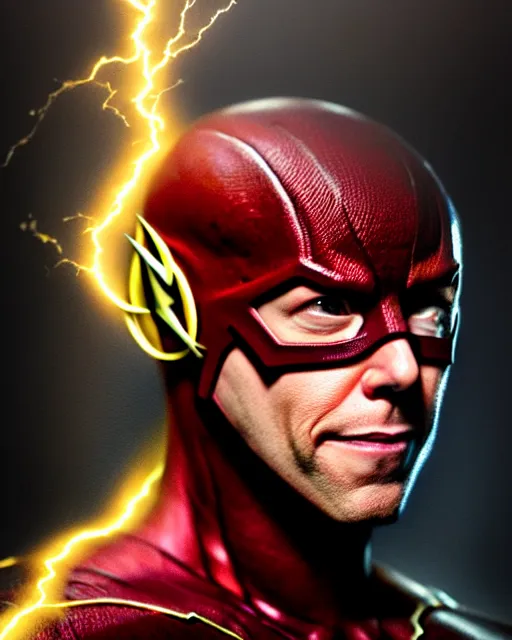 Image similar to michael rosenbaum dressed as the flash, character portrait, portrait, close up, concept art, intricate details, highly detailed by greg rutkowski, michael whelan and gustave dore