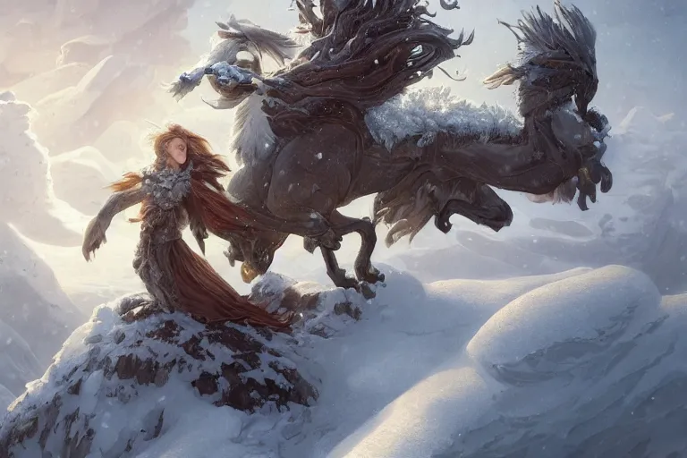 Image similar to Snow Griffin on a beautiful fantasy landscape, mountainside, winter, moonlit, HD, illustration, epic, D&D, fantasy, intricate, elegant, highly detailed, digital painting, artstation, concept art, smooth, sharp focus, illustration, wallpaper, art by artgerm and greg rutkowski and alphonse mucha and jin xiaodi