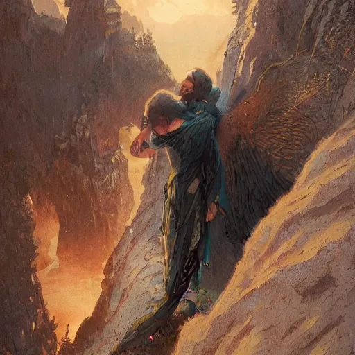 Image similar to angel protecting man falling from a cliff, detailed intricate ink illustration, happy atmosphere, detailed illustration, hd, 4k, digital art, overdetailed art, by greg rutkowski, by loish, complementing colors, Trending on artstation, movie poster style