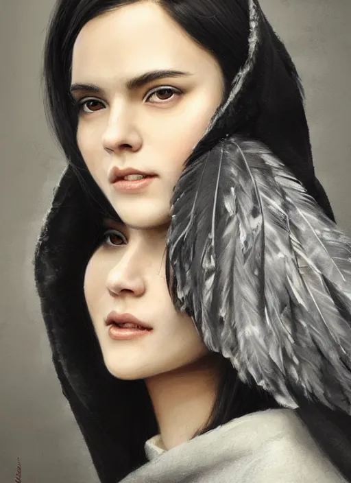 Image similar to a teenage girl with very short black hair and a huge cloak made of grey and black feathers. beautiful highly detailed face. smiling, beautiful painting by artgerm and greg rutkowski and raymond swanland, detailed portrait, closeup