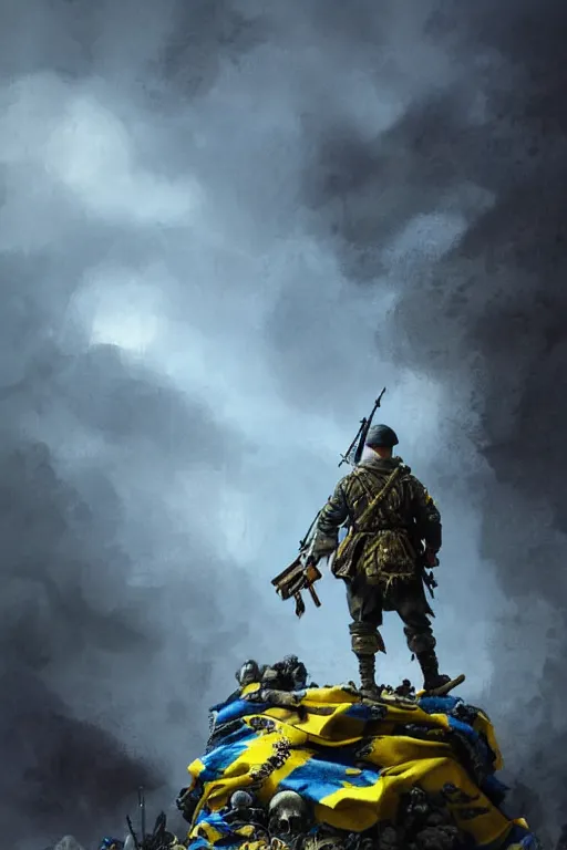 Image similar to a distant shot of a Ukrainian Battlefield 5 soldier with blue and yellow flag standing alone on a huge pile of skulls as a winner, masculine figure, D&D, fantasy, intricate, elegant, highly detailed, extremely detailed, digital painting, artstation, concept art, matte, sharp focus, symmetrical, illustration, art by Artgerm and Greg Rutkowski and Alphonse Mucha
