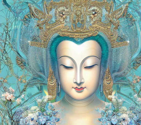 Image similar to breathtaking detailed concept art painting art deco pattern a beautiful buddha with pale skin on sitted on an intricate metal throne, hands pressed together in bow, light - blue flowers with kind piercing eyes and blend of flowers and birds, by hsiao - ron cheng and john james audubon, bizarre compositions, exquisite detail, extremely moody lighting, 8 k h 1 0 2 4