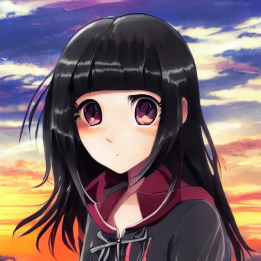 Image similar to black - haired anime girl, 1 7 - year - old anime girl with long bob cut, gothic jacket, golden hour, partly cloudy sky, red clouds, orange sky, strong lighting, strong shadows, vivid hues, ultra - realistic, sharp details, subsurface scattering, intricate details, art by artgerm, greg rutkowski, 2 0 1 9 anime screenshot