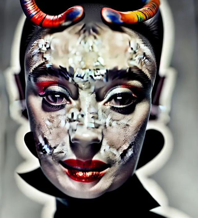 Prompt: photography facial portrait in a gaz station at night of seductive actress audrey hepburn with a dressed from * iris van herpen *, with stylish colorfull makeup. intriguing soft back lighting, geisha tattoo, highly detailed, skin grain detail, photography by paolo roversi, nick knight, helmut newton, avedon, araki