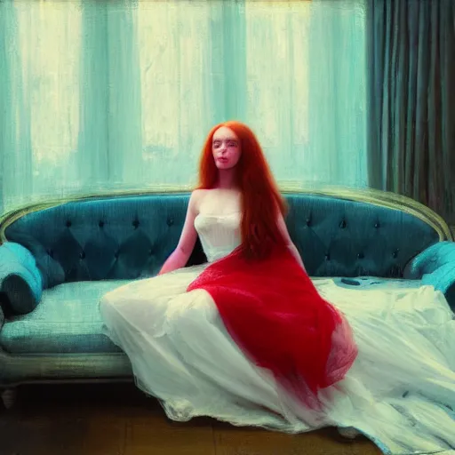 Prompt: young woman, long red hair, transparent white dress, lying on a red sofa, blue green colorscheme, desaturated colors, cinematic, painted in the style of jeremy lipking