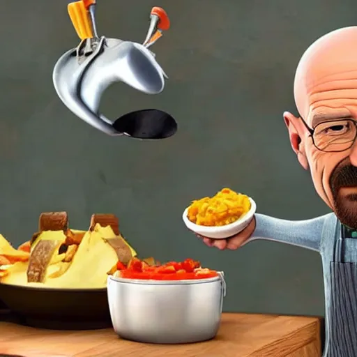 Image similar to walter white in ratatouille with rat on head while cooking