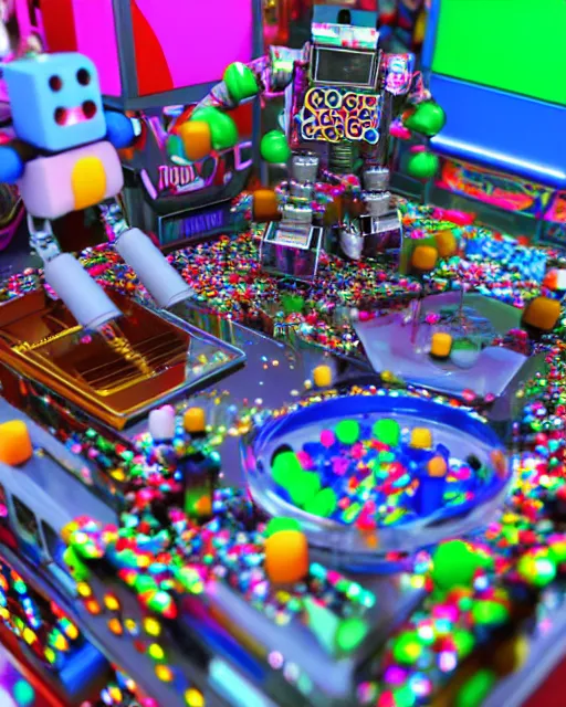 Prompt: crowded city made of arcade machines and buildings made of candy, cute elaborate epic robot, candy colors, pinball machine parts, symmetrical, bubbles everywhere, video game consoles, colored wires, translucent, clear parts, detailed by pokedstudio, rendered in blender, 3 d models