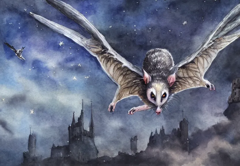 Image similar to legendary winged possum flying over a medieval castle under a dark starred sky, dark fantasy, watercolor, dreaming illusion, highly detailed, 4k, trending on Artstation, award-winning