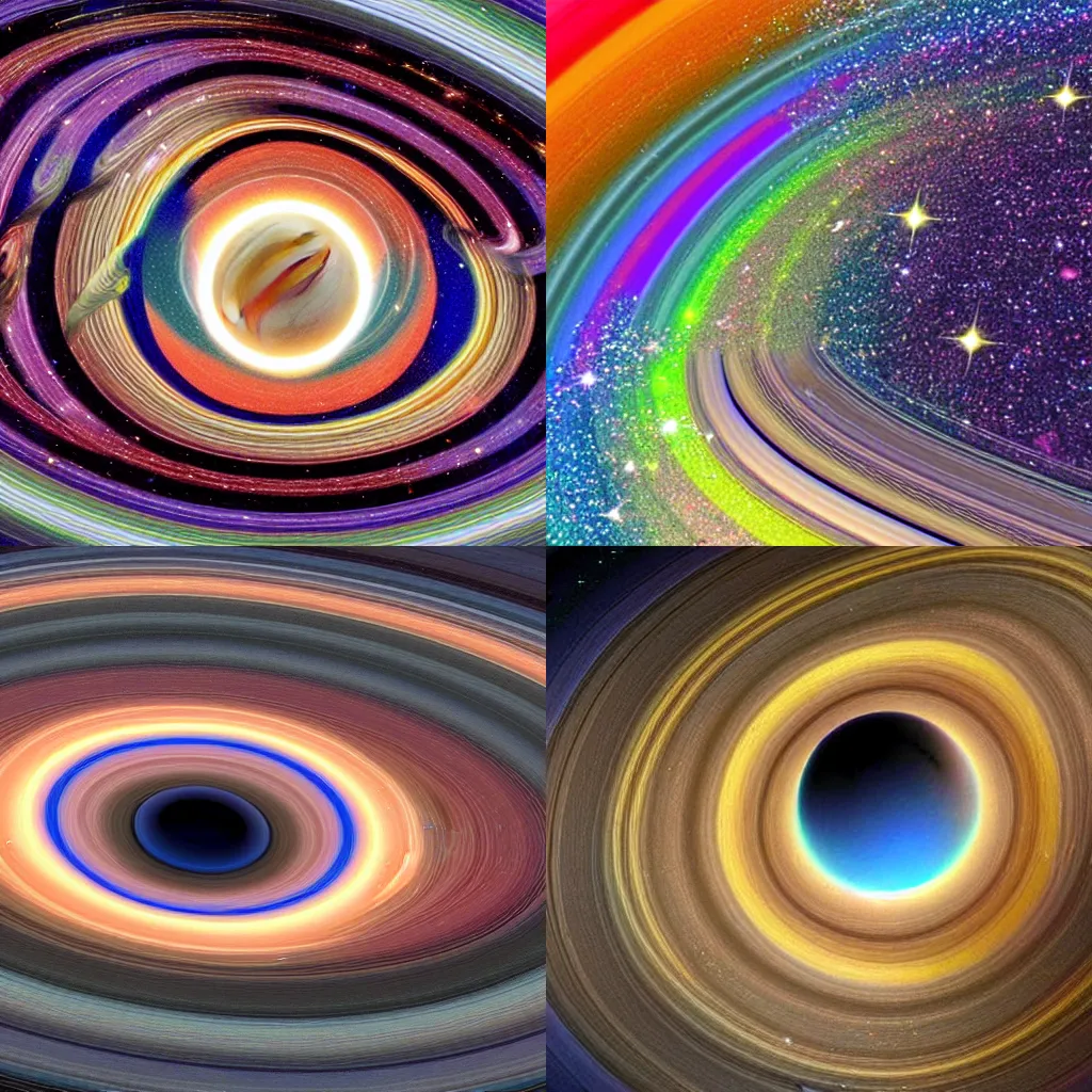 Prompt: new pictures from NASA; saturns rings falling onto itself and exploding into a rainbow glitter wormhole