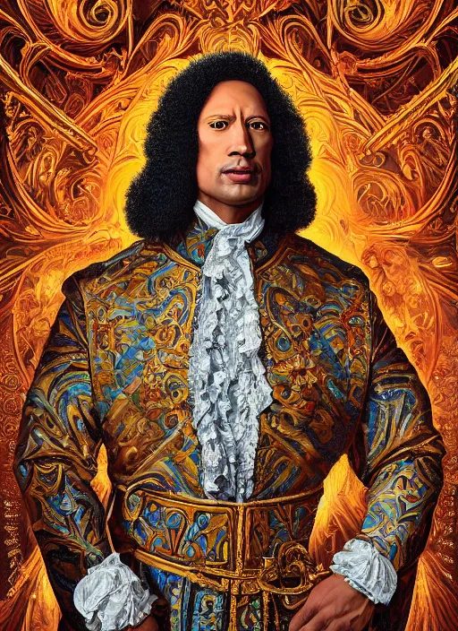 Image similar to beautiful oil painting, portrait of Dwayne the rock Johnson as Louis xiv in coronation robes 1701, Dan Mumford, Dan Mumford, Dan Mumford, Alex grey, Alex grey, lsd visuals, dmt fractal patterns, entheogen, psychedelic, hallucinogen, highly detailed, ornate, vaporwave