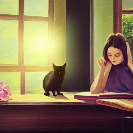 Prompt: peaceful dreamy painting of a young woman sitting at a desk with a black cat, sunshine coming through the window, 4k resolution, highly detailed