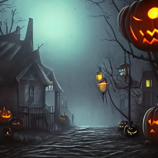 Image similar to a creepy and eery Halloween setting, with Jack o lanterns on the street and shadow figures lurking about, dynamic lighting, photorealistic fantasy concept art, stunning visuals, creative, cinematic, ultra detailed, trending on art station, spooky vibe