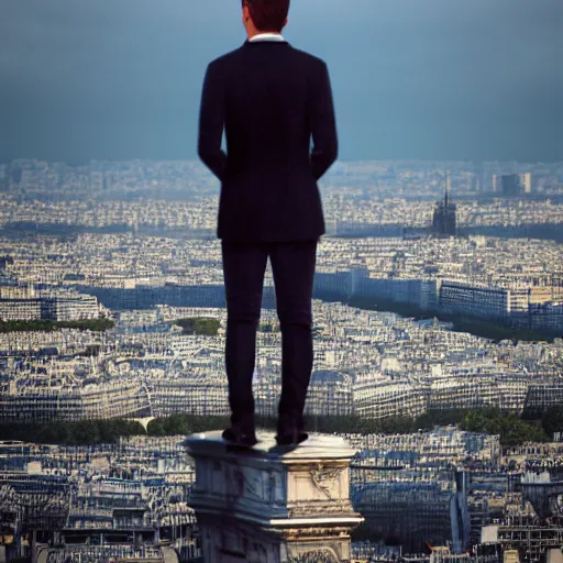 Image similar to Man with cat inside the tip of Eiffel Tower looking over Paris, 8k ultra realistic, atmosphere, detailed, intricate, full of colour, cinematic lighting, trending on artstation, 4k, hyperrealistic, focused, extreme details,unreal engine 5, cinematic, masterpiece