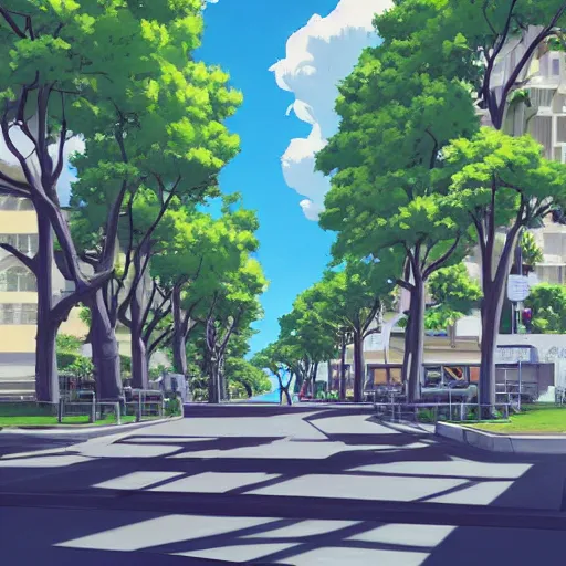 Prompt: private academy entrance, boulevard, trees, building in the distance, overhanging branches, long road, cel - shading, 2 0 0 1 anime, flcl, jet set radio future, the world ends with you, kid a, cel - shaded, strong shadows, vivid hues, y 2 k aesthetic, art by artgerm