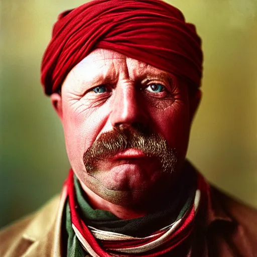 Image similar to portrait of president teddy roosevelt as afghan man, green eyes and red scarf looking intently, photograph by steve mccurry