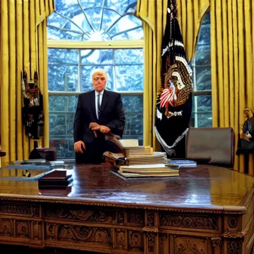 Prompt: senator armstrong from metal gear rising revengeance sitting behind resolute desk, oil painting, presidential portrait, oval office