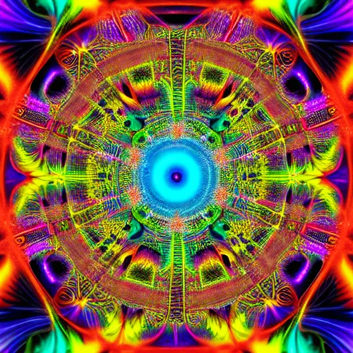 Image similar to fractal chemical rainbow hyper detailed intricate trippy other dimension deep space alternate universe