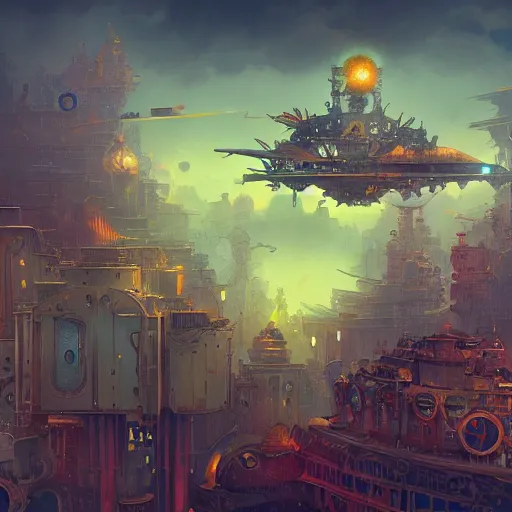 Prompt: clockwork zeppelin in the sky above a steampunk city, concept art by marc simonetti and anton fadeev, trending on artstation, intricate and vibrant
